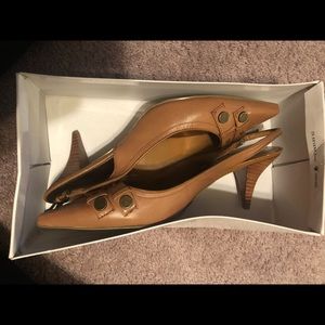 Tan kitty heel sling back